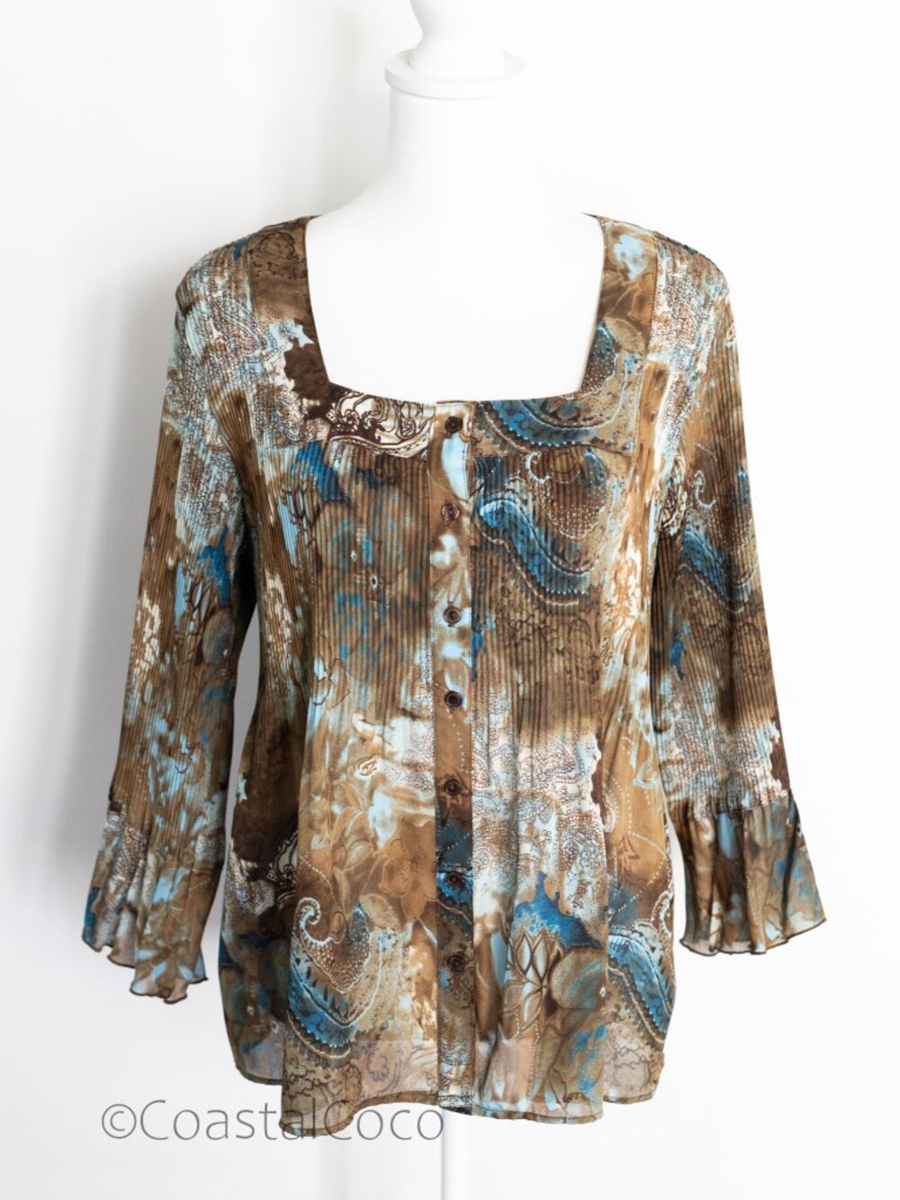 Serenade Crimped Paisley Top L Blouse Flared Button Front Fairy Retro Whimsy